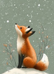 Fototapeta premium Curious red fox sitting on a snowy mound amid delicate winter twigs and buds, gazing up at falling snow against a muted green sky with serene, hopeful wonder