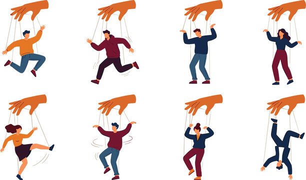 Puppet master hand controlling people on strings marionette character set corporate manipulation concept vector flat illustration