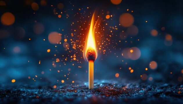single burning match with bright orange flame and scattering sparks on a dark textured surface conveying warmth and quiet wonder