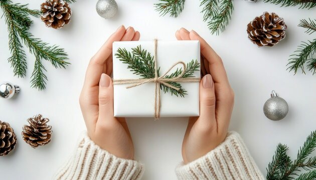 hands in knit sweater sleeves holding a neatly wrapped white gift tied with twine and a pine sprig, surrounded by pinecones, silver ornaments and evergreen branches, cozy festive serenity