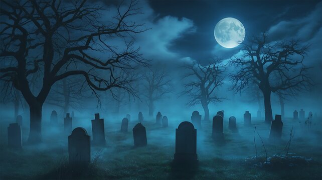 A spooky graveyard with tombstones and bare trees under a full moon at night time
