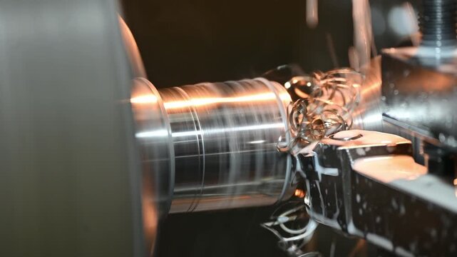 Close-up video of a lathe machine performing a finish cut with a continuous spiral chip and liquid coolant.