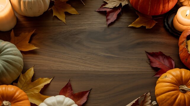 Autumnal still life with pumpkins and leaves on wooden table top view