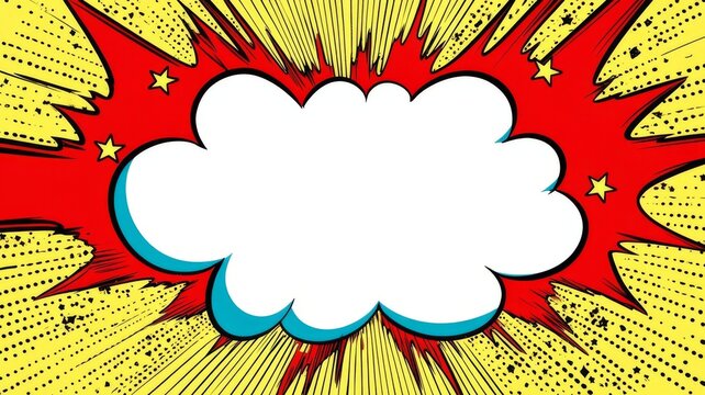 Vibrant comic book style explosion background with empty speech bubble for dynamic text graphics and retro pop art layout design.
