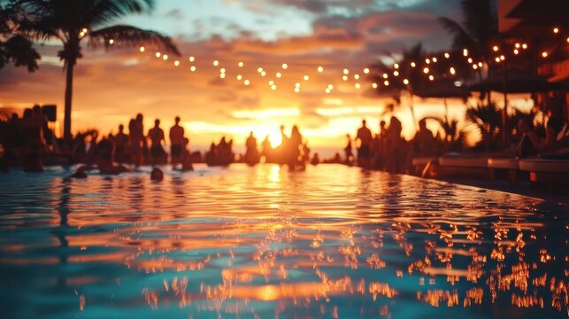silhouetted crowd enjoying a festive tropical poolside sunset with string lights, palm trees and warm golden reflections