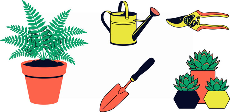 Gardening tools and plants.
