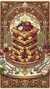 Stack of waffles with berries and syrup on an ornate gold background