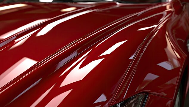 Gleaming red automobile body panel, reflecting bright overhead lights