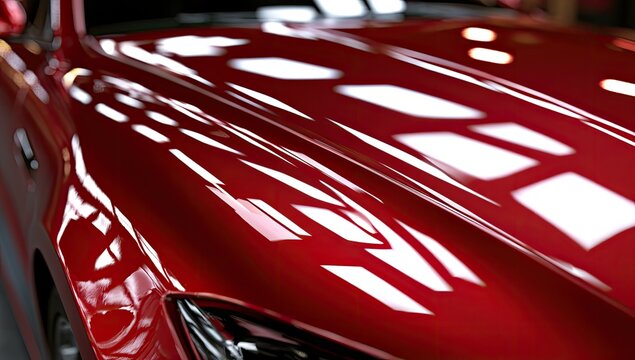 Gleaming red vehicle surface with bright, abstract reflections of overhead lights
