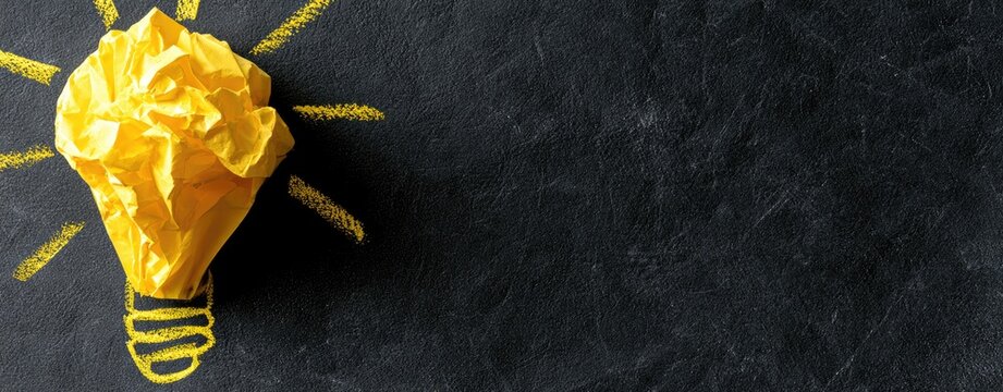 A crumpled yellow paper lightbulb with chalk rays on a dark background