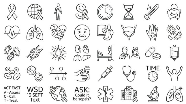 Collection of medical and healthcare icons representing various aspects of health, illness, and treatment.