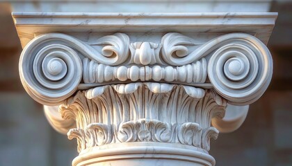 Fototapeta premium white marble classical column capital with carved volutes and acanthus leaves, ornate symmetrical detail conveying elegance and timeless grandeur