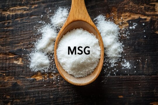Wooden spoon heaped with white crystalline seasoning labeled MSG on a rustic dark wooden surface, close-up conveying a simple savory kitchen mood