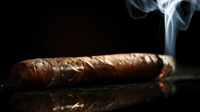 Smoldering cigar with elegant band, bathed in light, smoke curls upward