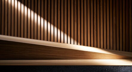 Naklejka premium Diagonal light slices across warm wooden slats and textured surfaces
