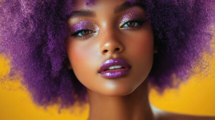 Fototapeta premium Close-up portrait of a woman with a voluminous purple afro, glittering gold and purple eye makeup, glossy purple lips and a confident sultry gaze against a vibrant yellow background