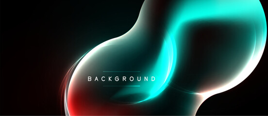 Naklejka premium Abstract neon lines create flowing shapes. Dark background emphasizes vibrant turquoise, red glow. Modern design element.