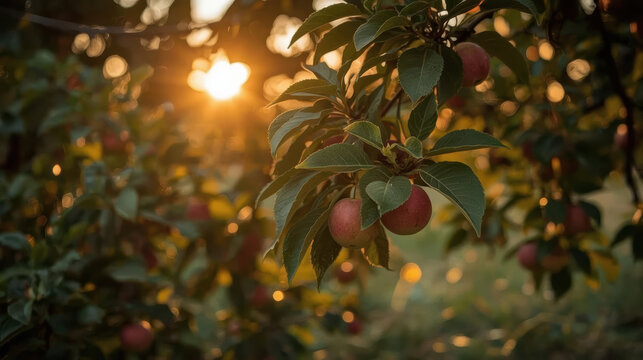 Ripe apple orchard sunlit harvest warm twilight