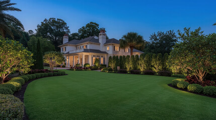 Obraz premium Luxury residential garden with manicured lawn and evening landscape lighting