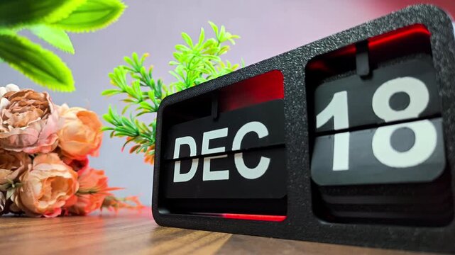 Retro flip calendar changing date from december 17 to december 18. International Migrants Day