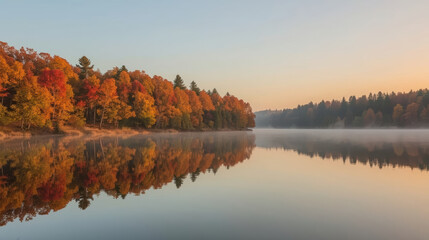 Obraz premium Autumn trees with vibrant orange and red foliage reflecting calm lake sunrise, serene misty mood