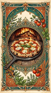 Traditional wood fired margherita pizza in an ornate vintage frame