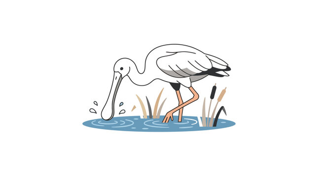A hand drawn illustration of a spoonbill bird wading in shallow water.
