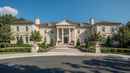 Fototapeta premium Luxurious mansion exterior with grand entrance, classical columns and manicured landscaping