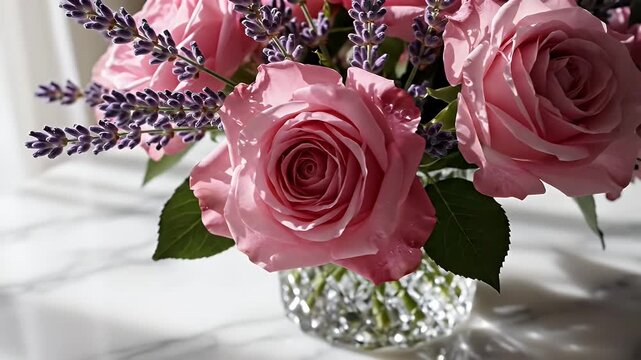 Close-up bouquet featuring pink roses and lavender sprigs in a crystal glass vase on a marble surface with soft lighting