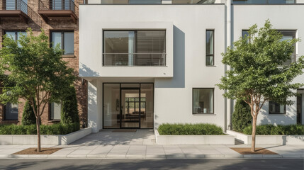 Fototapeta premium Modern urban townhouse exterior with clean facade, balcony, trees and sunlight