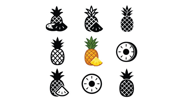 Set of black and yellow pineapple icons featuring various whole fruits and sliced tropical pieces