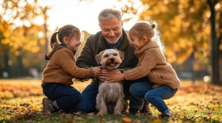 Fototapeta premium Warm joyful family moment as an adult and two children crouch to hug a happy small dog in a sunlit park surrounded by golden autumn leaves