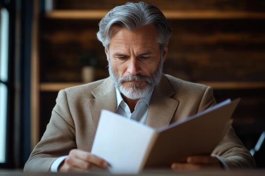 mature man with gray hair in beige blazer sitting at a desk reading a document folder in a warm wood-paneled office, focused and contemplative