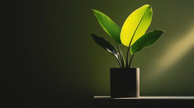 Indoor plant in pot, bathed in sunlight