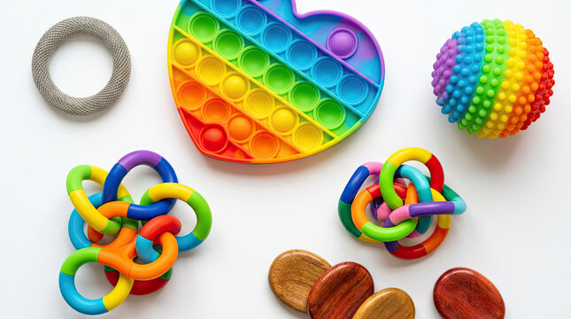 Colorful fidget tools arranged in flat lay, showcasing various textures and shapes