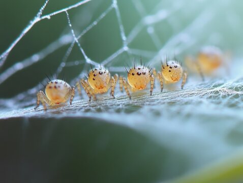 five tiny translucent yellow spiderlings with spiky hairs lined up on silken web across a green leaf, a whimsical and curious macro scene