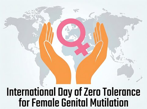 Illustration of hands holding female symbol for zero tolerance campaign against genital mutilation worldwide