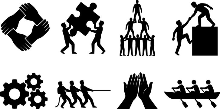 Teamwork, collaboration, and collective success solid black vector icon collection for corporate business