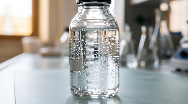 Glass beaker with liquid and air bubbles