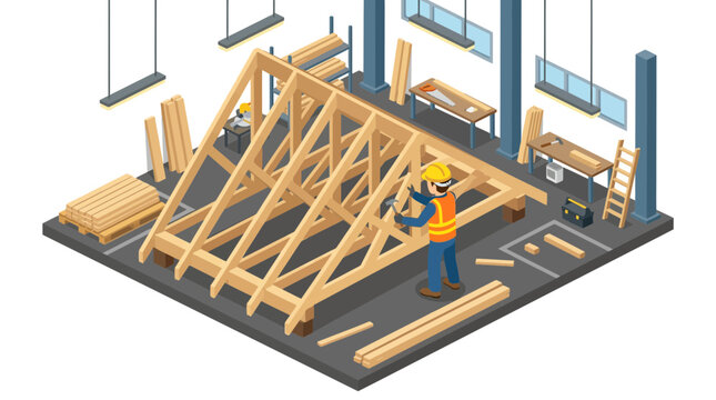 Carpenter building wooden roof truss frame in workshop isometric.