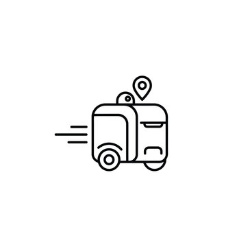 Line drawing of a speeding van with location pin on top  fast delivery concept