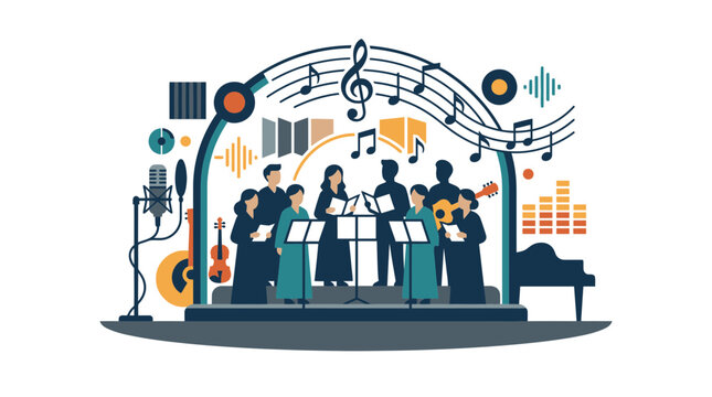 Choir ensemble singing on stage with musical notes.