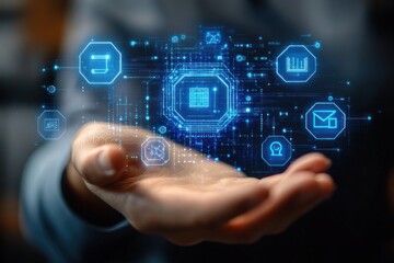 Fototapeta premium open human hand presenting glowing blue holographic microchip and floating digital icons over a network grid, conveying futuristic control and technological empowerment
