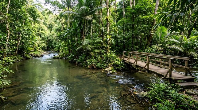 Lush tropical rainforest river with a rustic wooden bridge