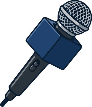 Vector illustration of a blue journalist microphone with a square cube flag isolated on a black background - modern graphic element for news, reporting, and podcasting designs. 
