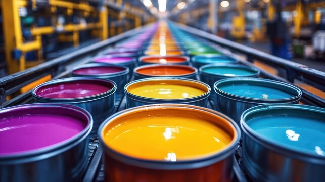 Rows of open metal paint cans filled with vibrant glossy colors on a conveyor belt in a factory, repeating perspective and bright industrial lighting conveying energetic, precise production