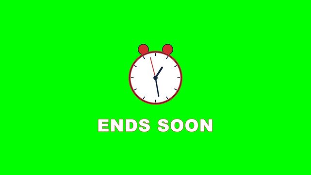 4K green screen ENDS SOON animated title - a clock with a fast sweeping hand and an urgency pulse, kinetic typography motion graphics intro overlay, chroma key