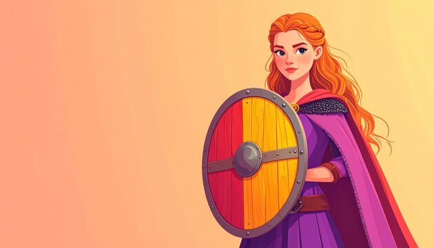 Viking Woman Warrior with Shield and Cape in a Fantasy Illustration.