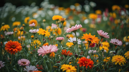 Obraz premium Vibrant orange yellow and pink daisy flowers in sunlit garden with soft bokeh