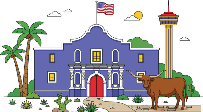San Antonio Texas landmark illustration featuring the Alamo mission building Tower of the Americas and longhorn steer
